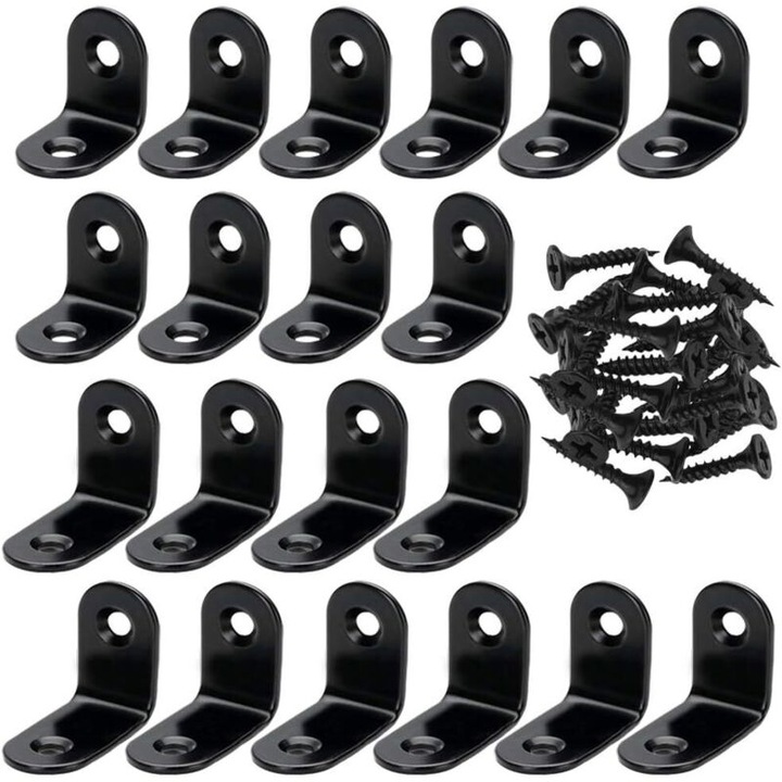 Set 20 suporturi unghiulare L inox negre 20x20x16mm 25x25x16mm cu 40 suruburi