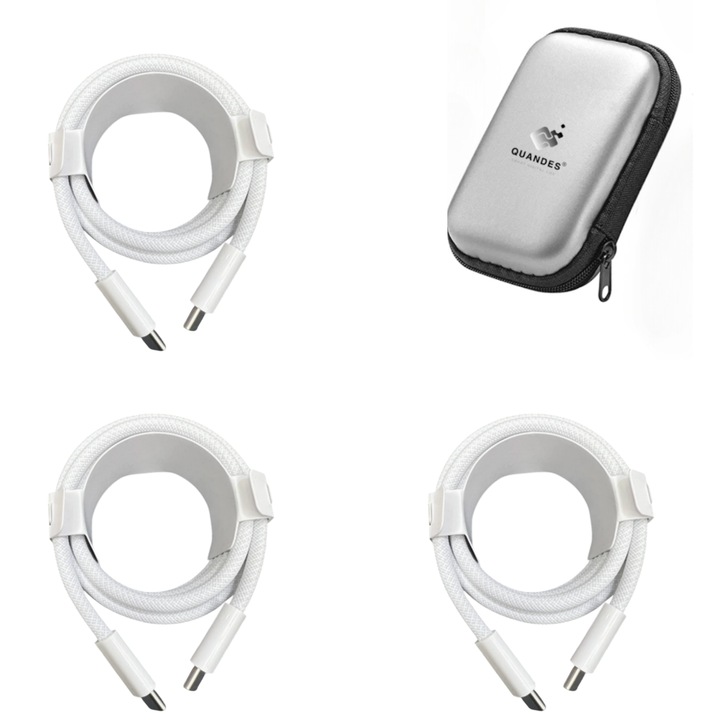 QUANDES 3 db-os USB-C-C szövött adatkábel készlet, 240W, 2m, kompatibilis iPhone 17/ 16/ 15pro/ 15promax, iPad Pro 2020, tárolótáska