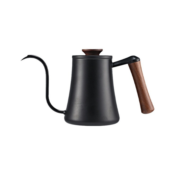 Kávéskanna, 600 ml, rozsdamentes acél, fekete, fa fogantyú, vékony kiöntő