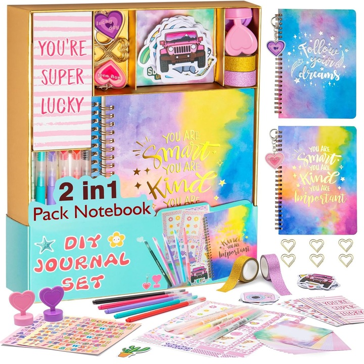 Set de jurnal DIY pentru fete, Axroad Mall, Set 103 piese creativ jurnal DIY cadou, Include pix multicolor, Autocolante, Pentru scriere creativa, scrapbooking si arte si mestesuguri, Pentru scoala si calatorii, Hartie, 30*22*3 cm, Multicolor