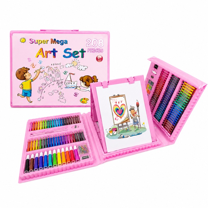 Trusa Artistica Premium 208 Elemente pentru Copii 3-12 Ani, Valiza Creativa Multifunctionala cu Instrumente de Colorare si Pictura, Kit Educational Complet pentru Micii Artisti