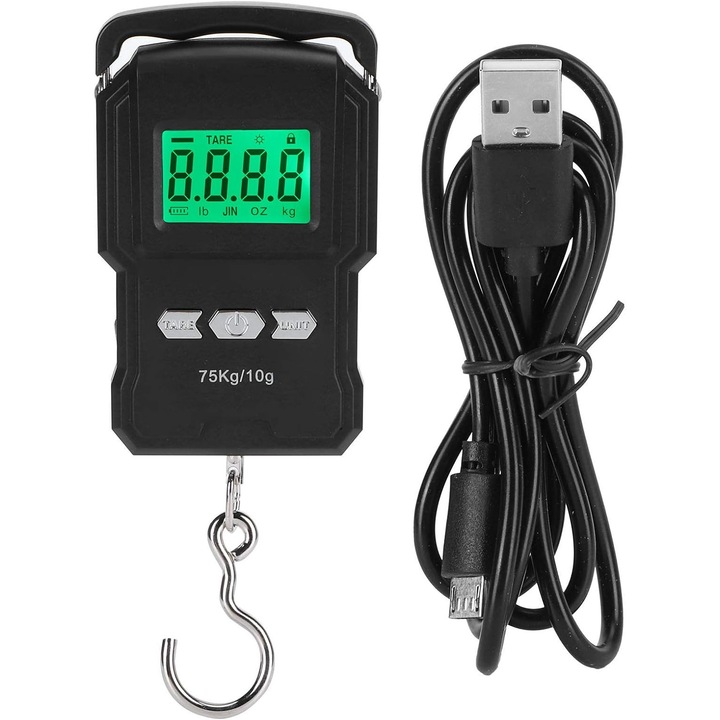 Преносим цифров кантар 75кг, LCD екран, осветление, кука, каишка
