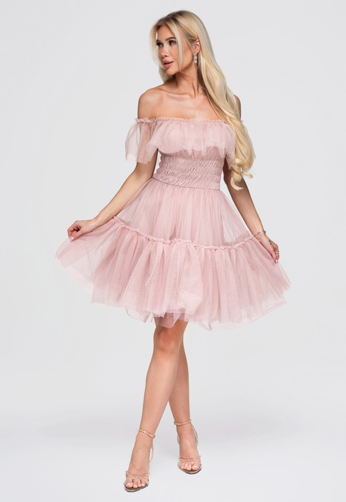 Mini flared forma, off-the-shoulder dekolt, tüll anyag, Rózsaszín, L