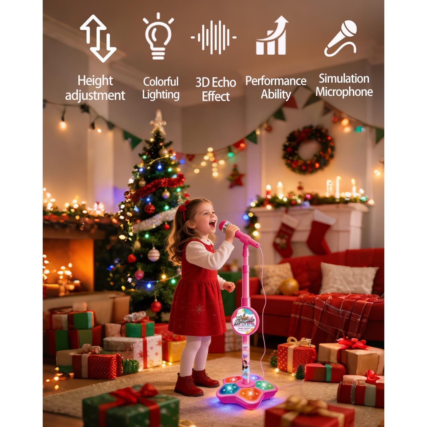 Microfoln Microfon Karaoke cu Stativ Reglabil PinkBlue, Lumini LED, Conectare ...