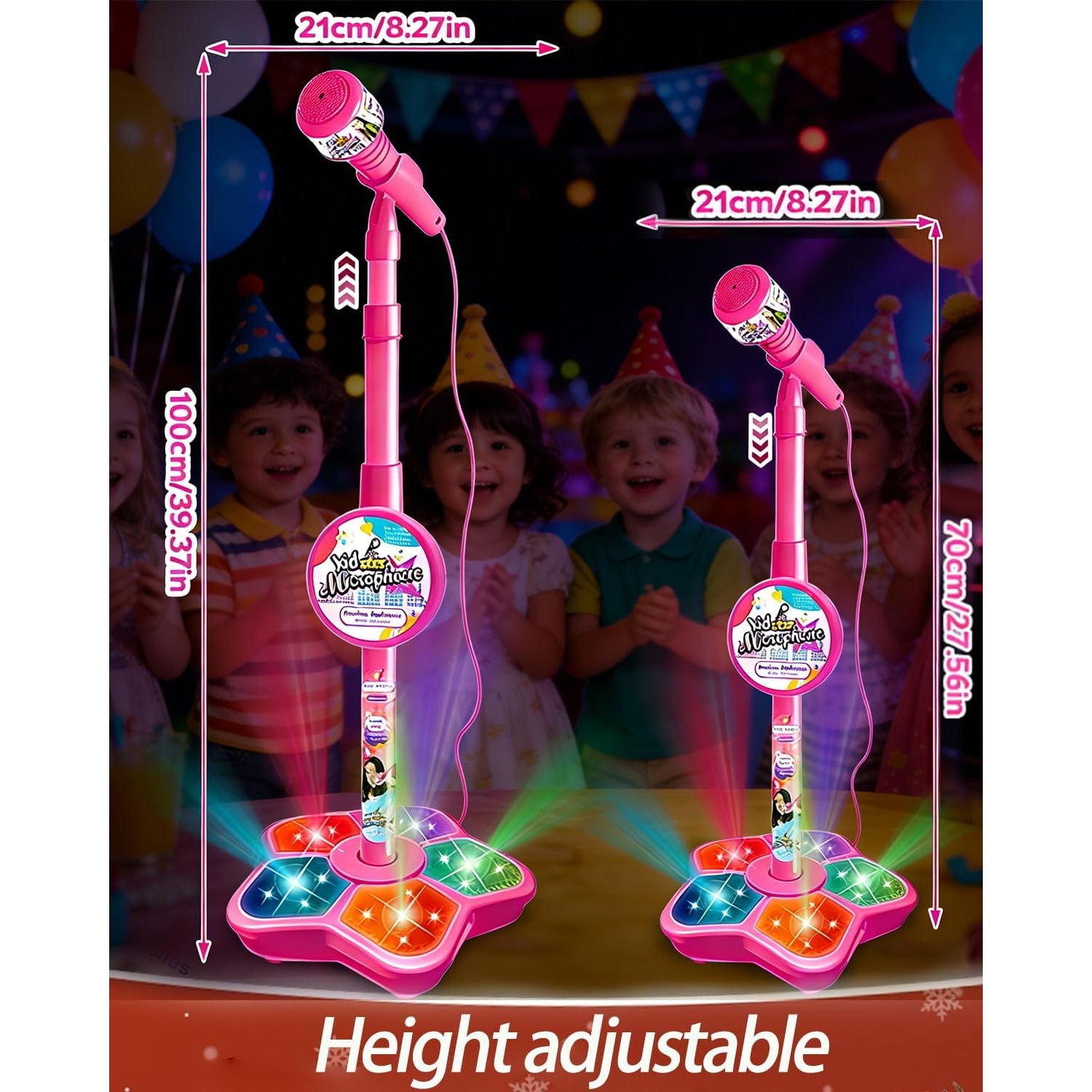 Microfoln Microfon Karaoke cu Stativ Reglabil PinkBlue, Lumini LED, Conectare ...