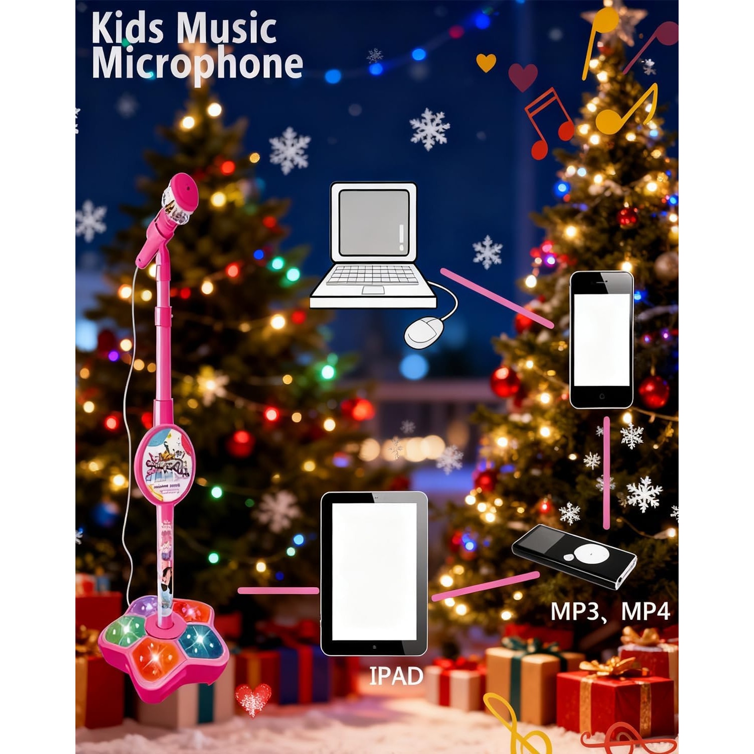 Microfoln Microfon Karaoke cu Stativ Reglabil PinkBlue, Lumini LED, Conectare ...