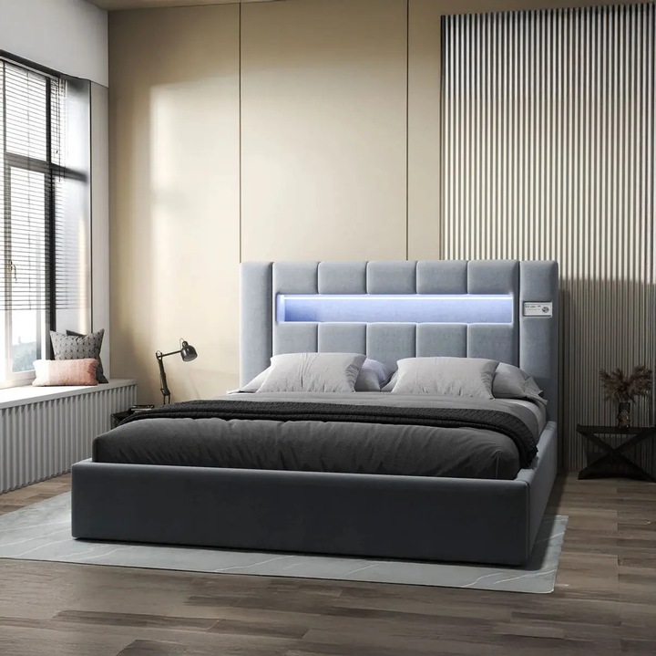 Pat dormitor dumonde, tapitat gri, Glow 180x200 cm, somiera rabatabila inclusa, spatiu depozitare