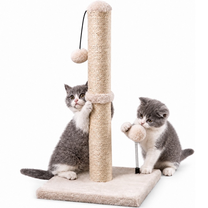 Ansamblu de joaca Fish & Paws ®, pentru pisici, stalp pentru ascutitul ghearelor, cu bila suspendata, confectionat din sisal natural rezistent la zgarieturi, pentru protectia mobilierului, inaltime de 55cm, bej