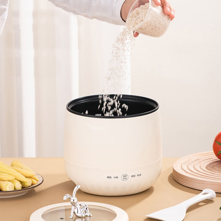 Mini oala electrica pentru orez, plastic, antiaderenta, inteligenta, multifunctionala pentru supa si terci, Crem, 1.8L