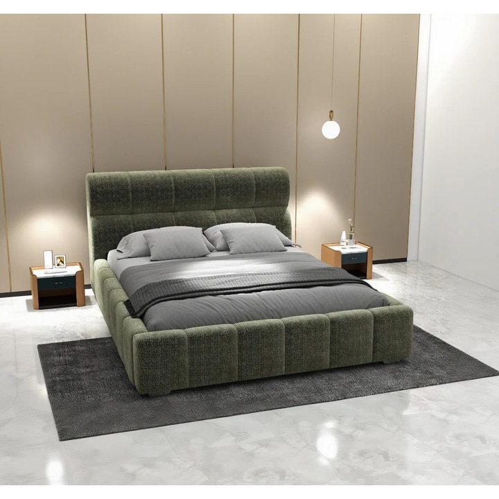 Pat dormitor dumonde, tapitat verde, Elaris 180x200 cm, somiera rabatabila inclusa, spatiu depozitare