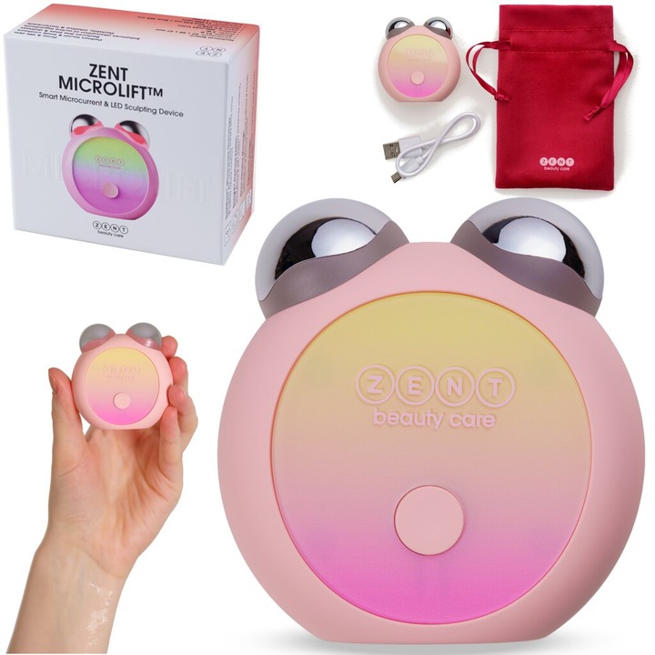 Aparat de lifting facial si corporal ZENT® MicroLift™, tehnologie DualWave™ EMS + BioLight™ LED, masaj vibrator 12000 vibratii/min, efect de fermitate si regenerare, reducerea ridurilor fine, contur facial imbunatatit, utilizare fara fir, USB-C, Roz