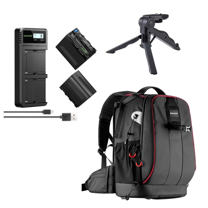 Pachet cu 2 baterii NP-F970 6600mAh, incarcator rapid dual USB-C, NEEWER, rucsac foto profesional si mini trepied inclus