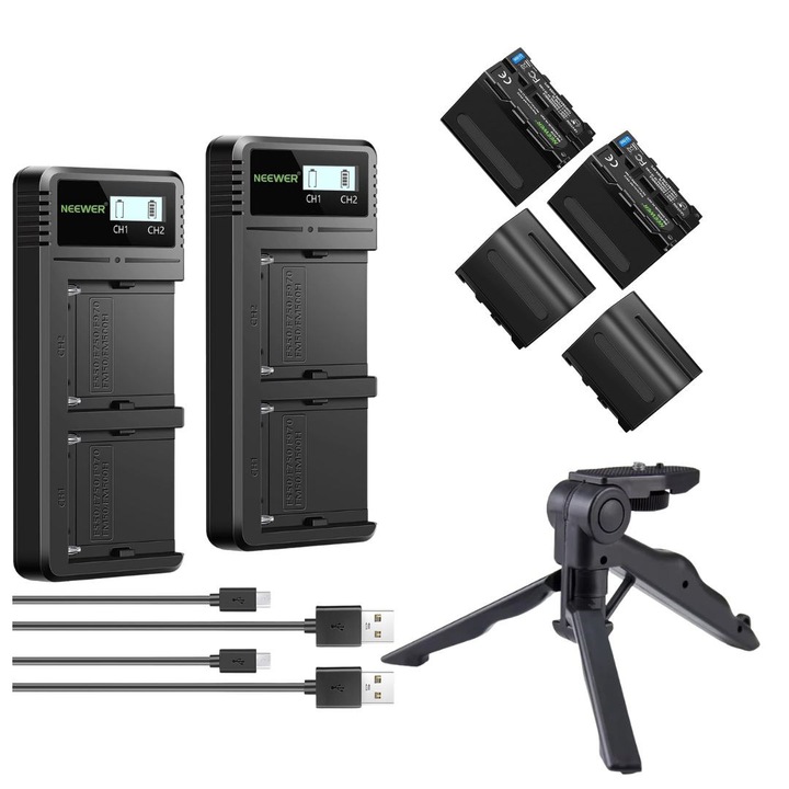 Pachet 2 incarcatoare rapide dual NEEWER USB-C cu 4 baterii NP-F970 6600mAh, compatibil Sony NP-F550 NP-F570 NP-F750 NP-F970 si mini trepied inclus