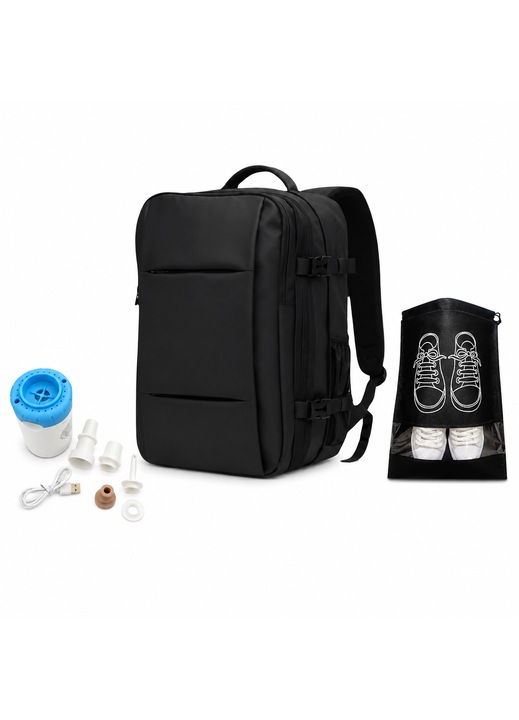 Set calatorie rucsac vacuum 50x36x23 cm, pompa electrica, accesorii si saculet incaltaminte incluse