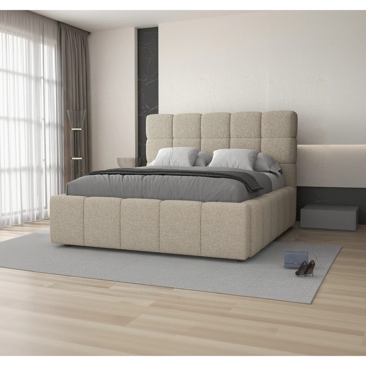 Pat dormitor dumonde, tapitat beige, Armonia 180x200 cm, somiera rabatabila inclusa, spatiu depozitare