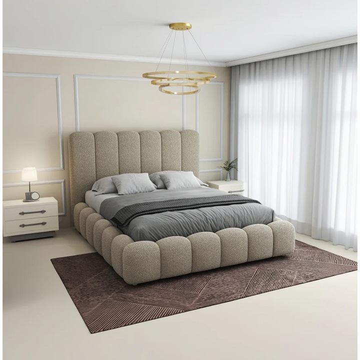 Pat dormitor dumonde, tapitat beige, Royal 180x200 cm, somiera rabatabila electric, spatiu depozitare