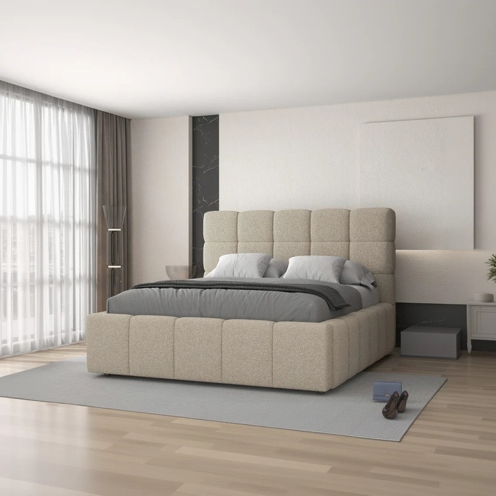 Pat dormitor dumonde, tapitat beige, Armonia 160x200 cm, somiera rabatabila inclusa, spatiu depozitare