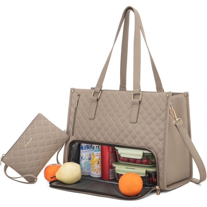 Geanta laptop 15.6 inch cu compartiment termoizolant pentru pranz si portofel, khaki, 35.9x15.9x14cm