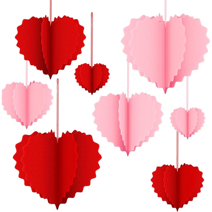 Decoratiuni Valentine 8 inimioare 3D carton rosu roz 9.9x15x20x25cm set