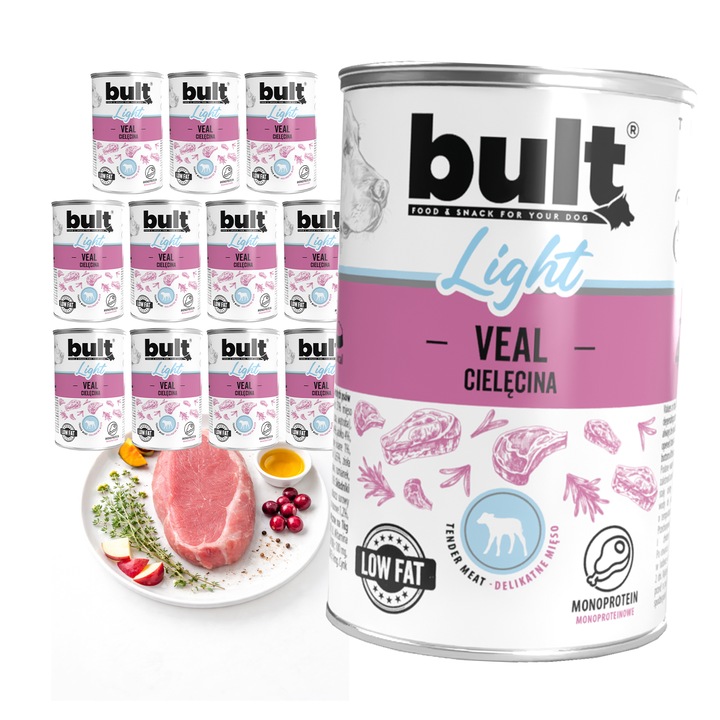 Hrana umeda pentru caini adulti, bult, 12 x 400g, conserva cu carne de vitel, dieta light, aport caloric redus, gust exceptional, sustine silueta optima, premium
