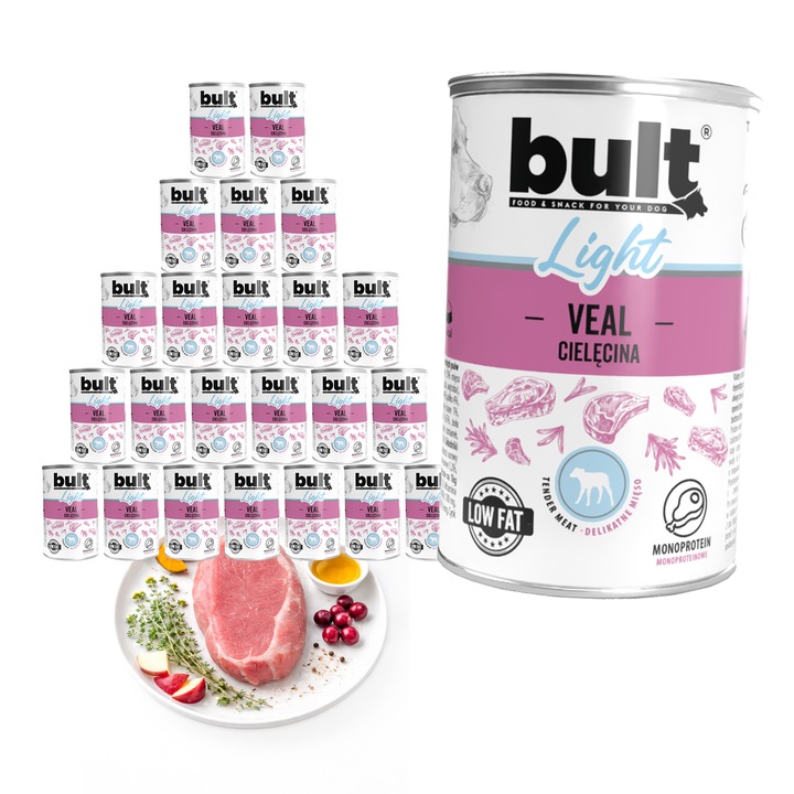 Hrana umeda pentru caini adulti, bult, 24 x 400g, conserva cu carne de vitel, reteta light pentru controlul greutatii, gust delicios, suport nutritional, set mare