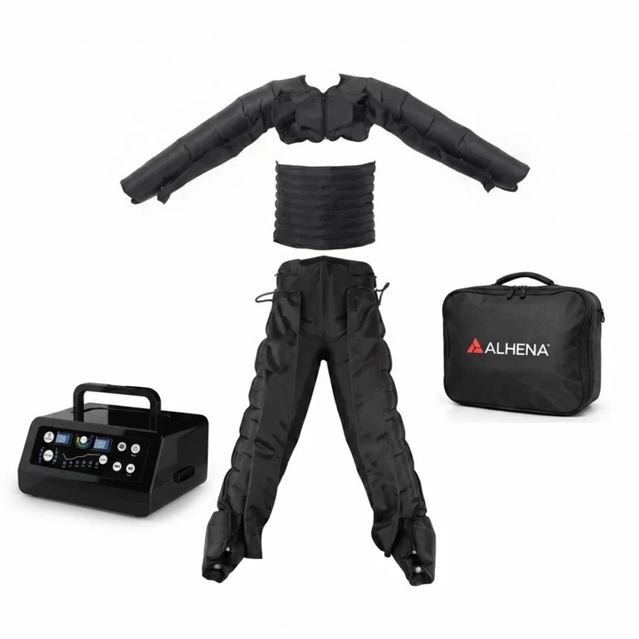 Апарат за пресотерапия, Alhena® M-PRO 3001, За лимфен дренаж и терапевтичен масаж, 4 x 8 въздушни компресионни камери, 6 програми за лечение, Регулируемо налягане 30-250 mmHg, Черен