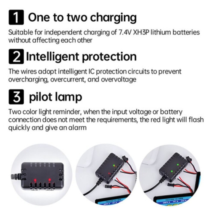 Set 4 incarcatoare 7.4V 2S 2-in-1 USB, negru, 3 pini XH-3P, 4x