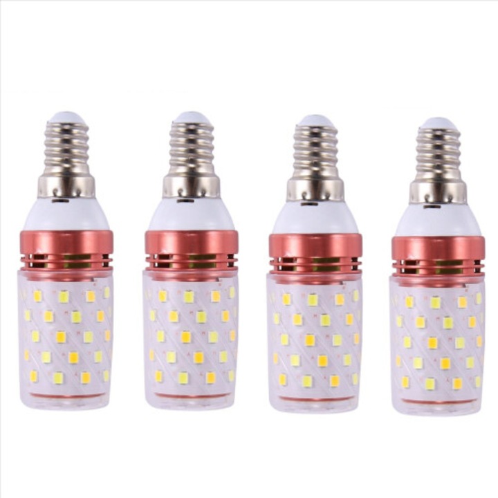 Set 4 becuri LED E14, 12W, 3 culori, metalic, 3.2x3.2x9.8cm
