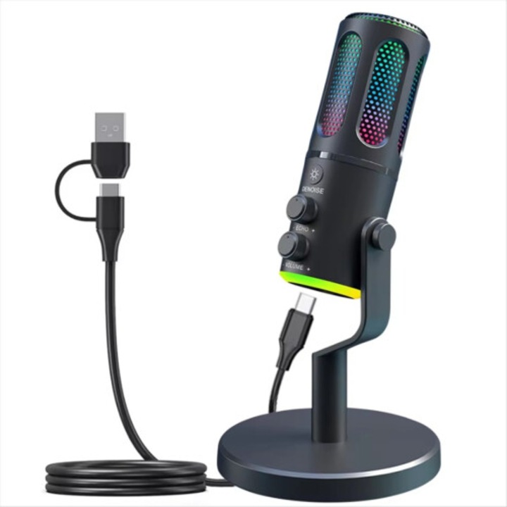USB RGB kondenzátor mikrofon, fekete, 1.8m, levehető állvánnyal