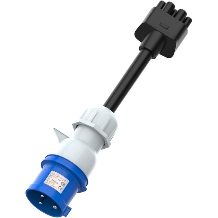 Adaptor 3 pini CEE la Tesla, extensie cablu 16A, negru, 44mm