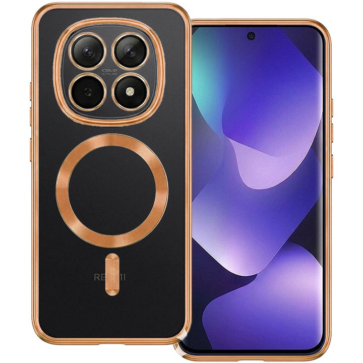 Husa cu magnet pentru Xiaomi Redmi Note 15 5G, Glamour MagCase, Protectie lentile camere, Rama electroplacata, Accente metalizate, Margini ridicate, Incarcare wireless, Magnetica, Bronz auriu
