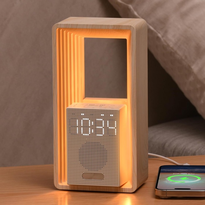Digitális ébresztőóra, napfelkelte fény, relaxáló hangok, fehér, 10W USB, kettős ébresztő