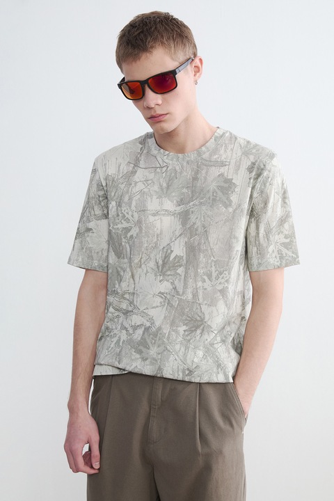 LC WAIKIKI, Tricou cu imprimeu grafic, Alb murdar/Verde stins