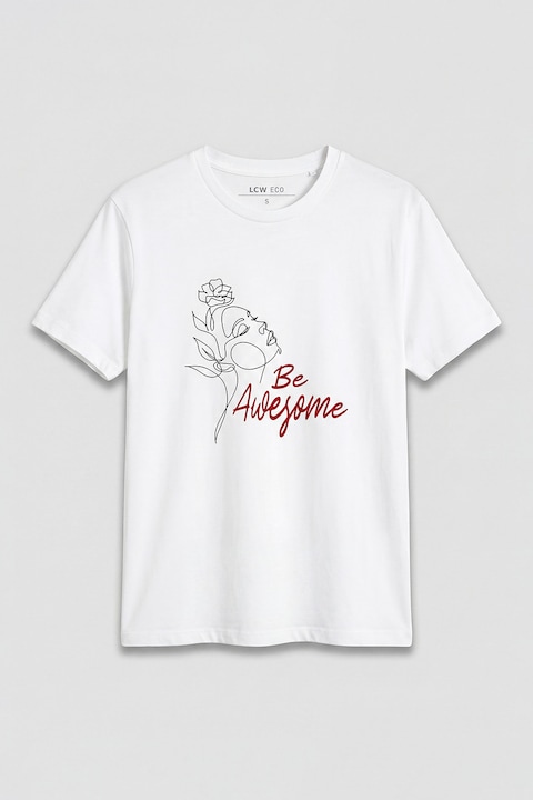 LC WAIKIKI, Tricou din bumbac cu mesaj, Alb, L