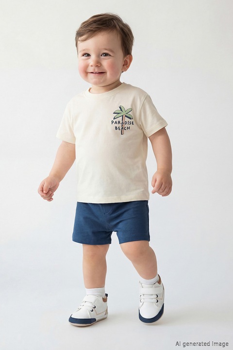 LC WAIKIKI, Set de tricou si pantaloni scurti - 2 piese, Crem/Bleumarin
