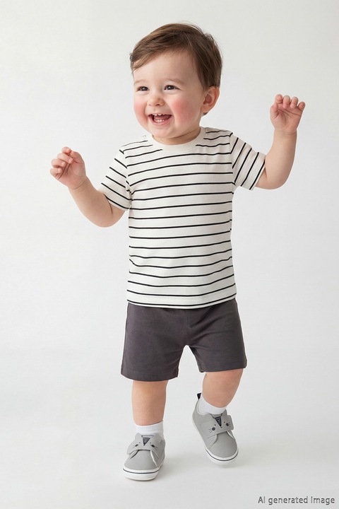LC WAIKIKI, Set de tricou si pantaloni scurti cu talie elastica - 2 piese, Alb/Negru/Gri inchis