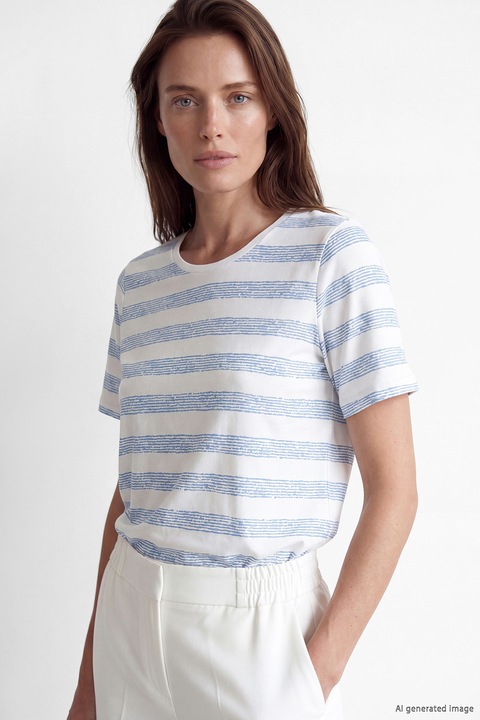LC WAIKIKI, Tricou cu decolteu rotund si dungi Grace, Alb/Albastru cobalt, 4XL