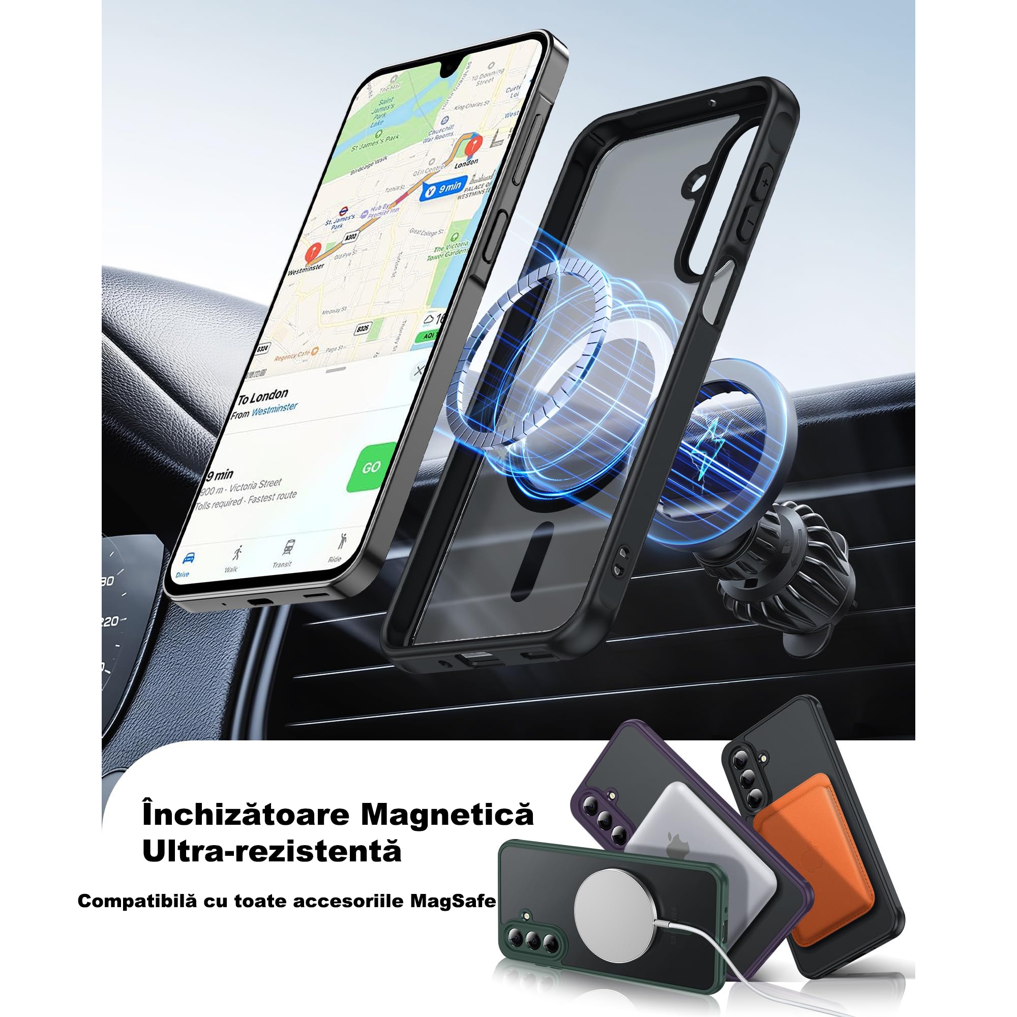 Husa de Protectie Magnetica pentru Samsung Galaxy A17/A16 5G, MOGU Carcasa MagSafe, Incarcare Wireless, Protectie Impotriva Caderilor de Nivel Militar, Antizgarieturi, Protectie 360°, Anti-Soc, Ultra Subtire, PC+TPU, Negru