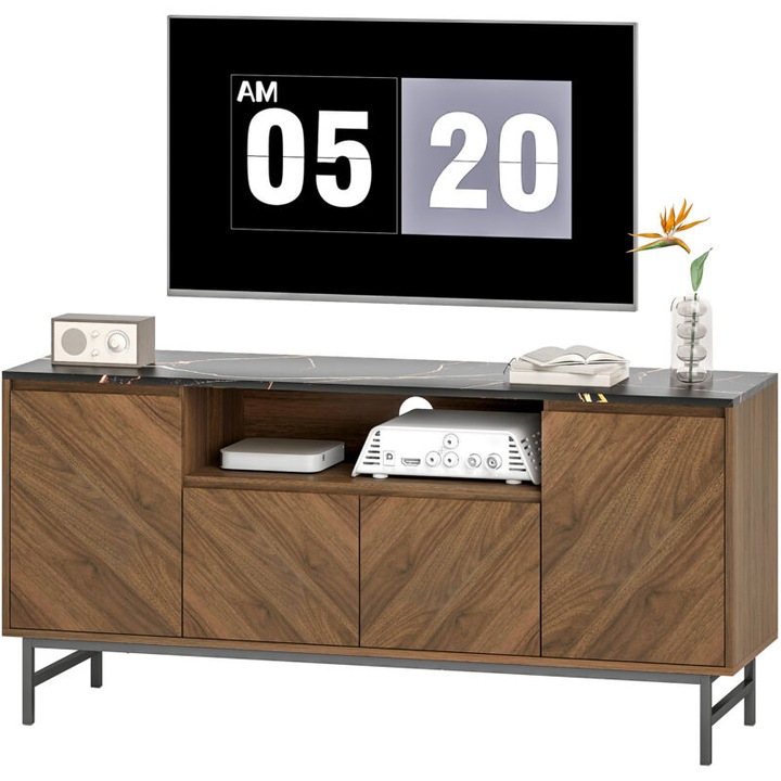 Comoda TV, 140x39x66cm, finisaj nuc si marmura neagra, spatiu depozitare, organizare cabluri