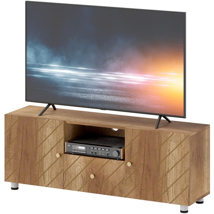 TV szekrény 120x30x45cm, natúr fa, 2 szekrény, fiók, nyitott rekesz