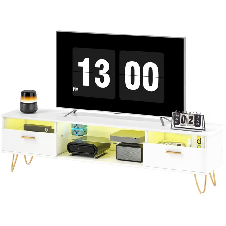 ТВ шкаф 160x35x42см с многоцветно RGB LED осветление, бял и златист
