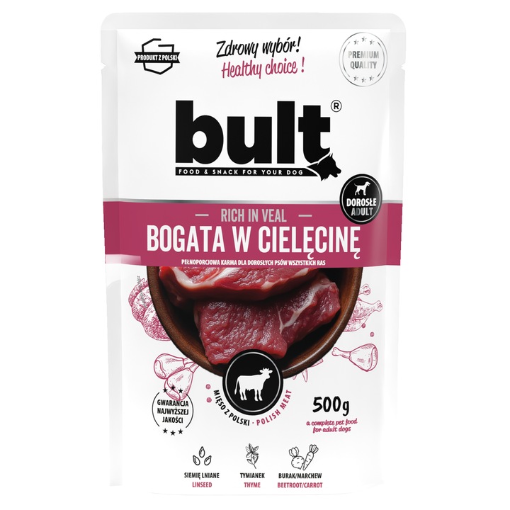 Hrana umeda pentru caini, Bult, Carne de vitel, 500 g, 75% carne, 28% carne de porc, 20% carne de vitel, 15% carne de vita, 11% proteine brute, 5% grasimi brute, fara cereale, cu legume