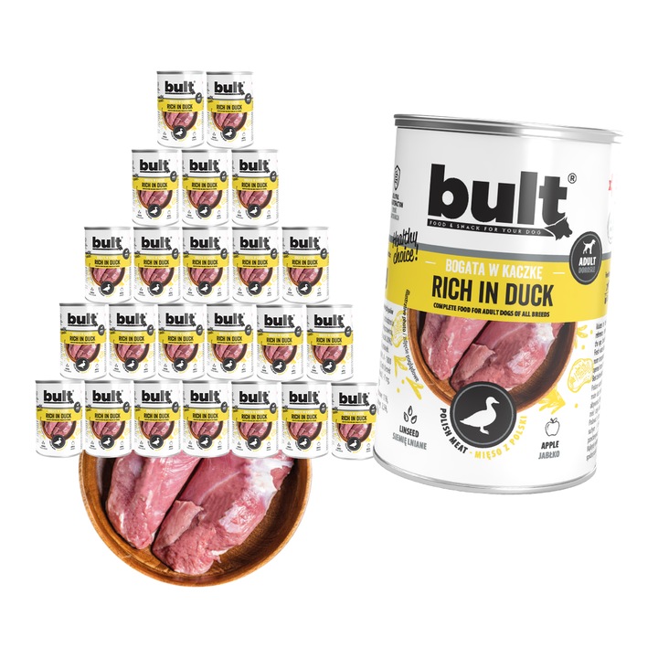 Hrana umeda pentru caini adulti, Bult, 24 x 400g, conserva cu carne de rata, aroma intensa, compozitie bine echilibrata, delicioasa, pentru energie zilnica