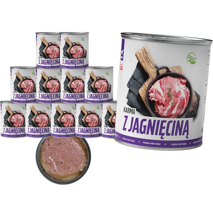 Hrana umeda pentru caini, TufTuf, 12 x 800g, conserva cu carne tocata de miel, masa principala pentru fiecare zi, reteta hranitoare, gustoasa si echilibrata