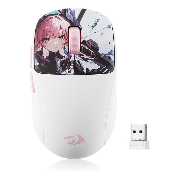 Mouse Gaming Wireless/cu fir Redragon Klyamoor Pro Standard, 24000DPI, senzor optic Pixart 3311, micro switch-uri Huano albastre, Anime print, Alb/Roz