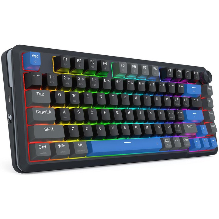 Механична клавиатура Gaming Redragon Cyrus Pro, Bluetooth/С кабел, RGB осветление, Линейни сиви превключватели Redragon, Черен/Син