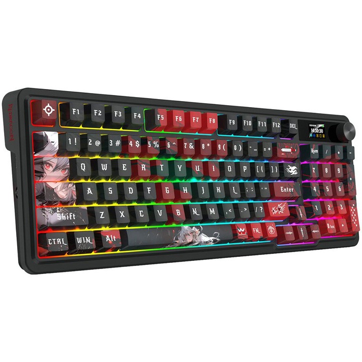Tastatura gaming mecanica bluetooth/cu fir Redragon Artemis Pro, Iluminare RGB, Switch-uri liniare Redragon galbene, display OLED 1.41 inch customizabil, Anime Print, Negru/Rosu