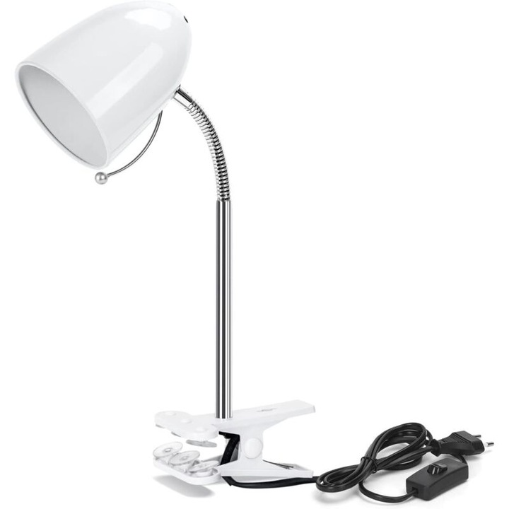 Lampa de birou cu clema, brat flexibil metalic, negru, E27, 6cm deschidere clema