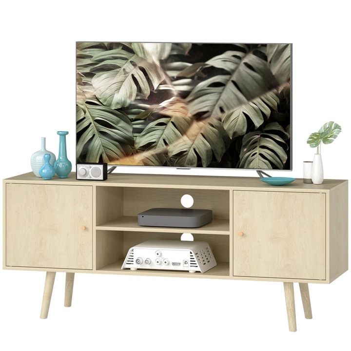 Comoda TV 120x34x50cm, 2 dulapuri, 2 rafturi, lemn natural, suport pana la 55 inch