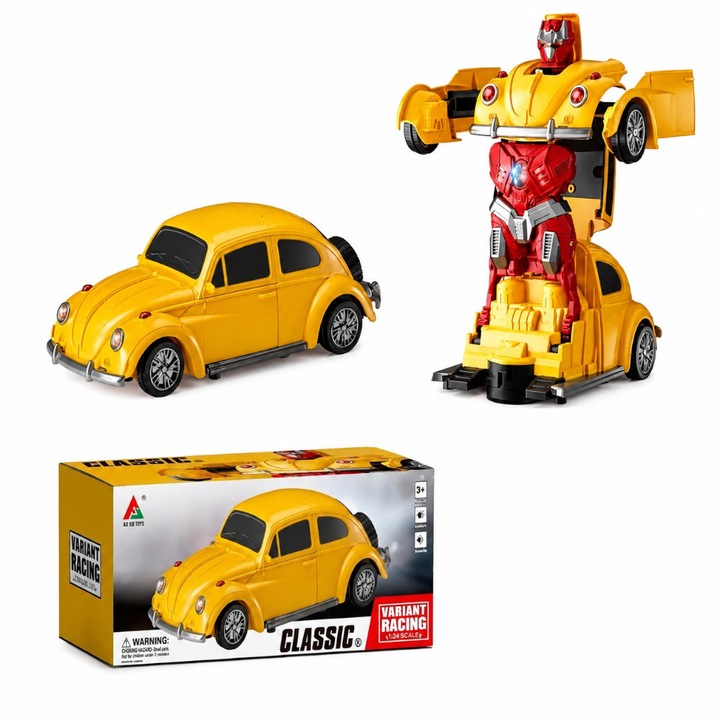 EmonaMall W5764 Gyermek transzformátor autó-robot, 2 az 1-ben, hang- és fényeffektusokkal, sárga, 20x15.5x16.5 cm